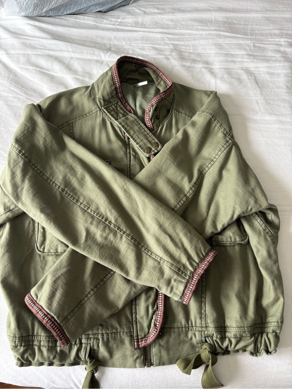 Free People Olive Green Military Field Jacket with Contrast Trim
